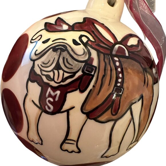 Mississippi State Bulldog Ornament Maroon White Ceramic Christmas Ball Decor - Picture 2 of 10
